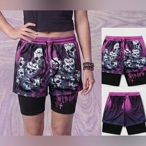ROMWE Gothic Skull 2-in-1 Shorts Size M Purple Pink Black Graphic Compression